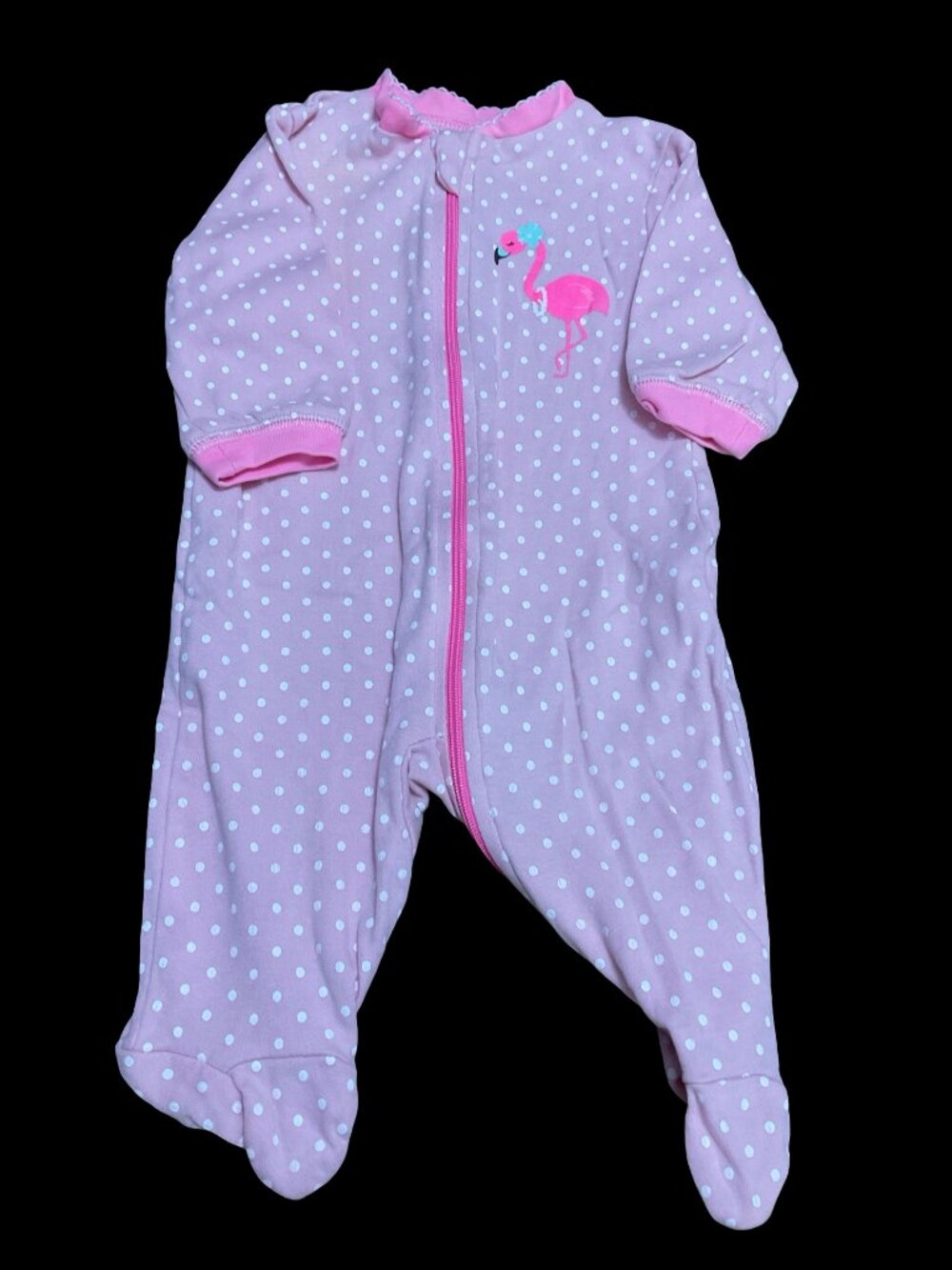 👣 10/$25 - Pink/White Polka Dot Print Sleeper w/ Flamingo Graphic